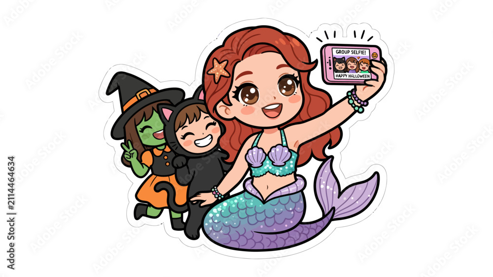 Naklejka premium Mermaid's Halloween Fun: A whimsical mermaid takes a selfie with two cute children dressed in Halloween costumes, capturing a moment of magical holiday joy.