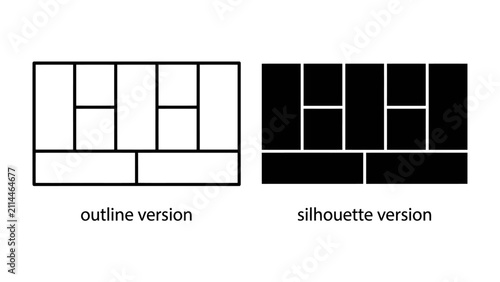 Foto Blueprint and Silhouette: A side-by-side comparison showing an outline version and a silhouette version of a rectangular grid composed of smaller rectangles and squares