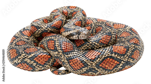 Obraz na płótnie Coiled snake with orange black, and tan patterned scales