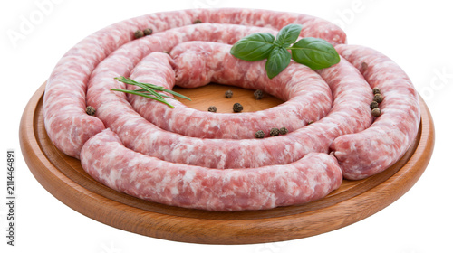 Cuadro en lienzo Raw coiled pork sausage with basil and peppercorns on wooden board