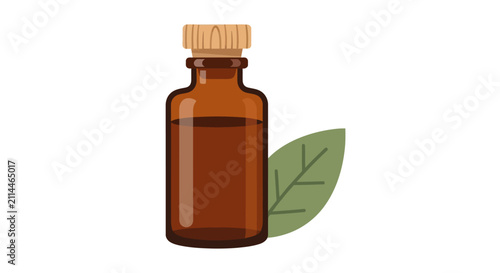 Essential oil bottle with green leaf.