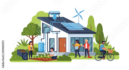 Family living in eco friendly house.