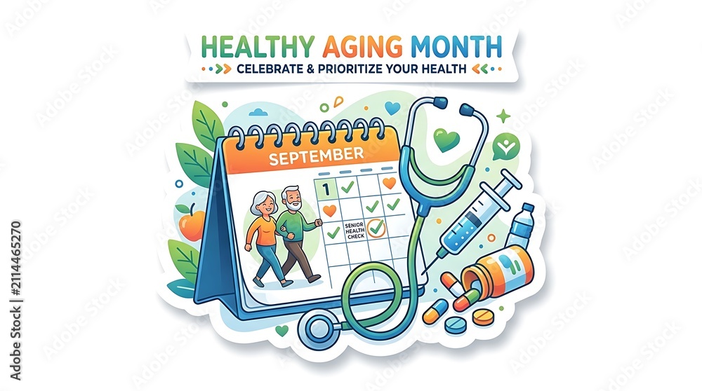 Fototapeta premium Colorful illustration celebrating healthy aging month with medical icons and seniors