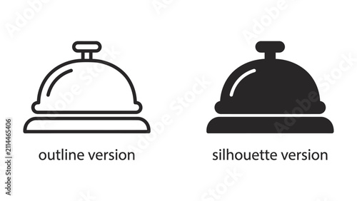 Fotografía Concierge Bell Icon: A minimalist graphic displaying two versions of a hotel concierge or service bell, one in outline and the other in silhouette, representing reception and assistance