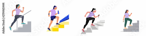 Vector illustration set of women running and climbing different types of stairs, representing an active and healthy fitness lifestyle.