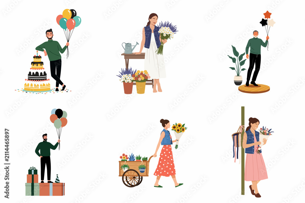 Fototapeta premium Collection of diverse people celebrating with birthday cakes, colorful balloons, gift boxes, and beautiful floral bouquets in flat illustration style.