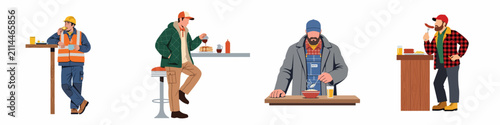 A set of illustrations depicting blue-collar workers and laborers enjoying meals and breaks in various settings, isolated on a white background.