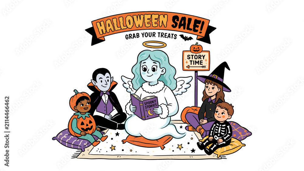Fototapeta premium Halloween Story Time Sale: A friendly angel reads a story to a group of costumed children, including a vampire, witch, and pumpkin-headed kid, during a Halloween sale event.
