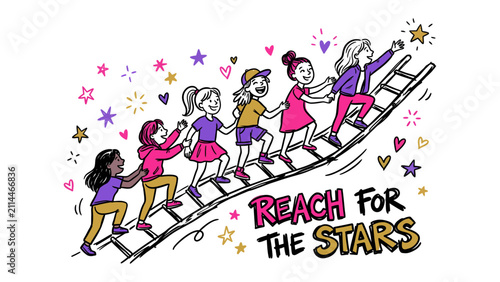 Фотография Reach for the Stars: A diverse group of young girls, hand-in-hand, ascend a ladder towards a starry sky, symbolizing aspiration and collective achievement