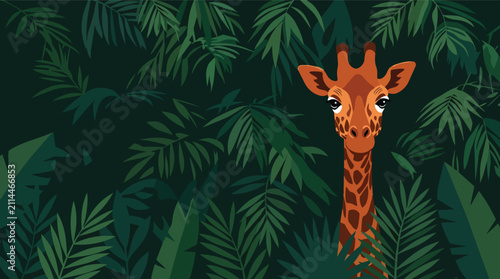 Giraffe head peering through dense jungle foliage flat vector illustration for safari themed wildlife conservation branding