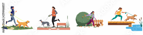Set of flat vector illustrations depicting active women running and walking with their dogs in various scenic outdoor park and nature environments.