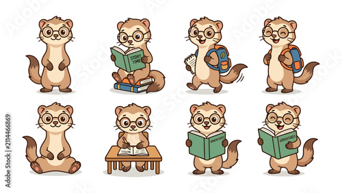 Фотография Charming Ferret Characters: A collection of adorable, bespectacled ferret illustrations showcase various charming poses, from reading books to carrying backpacks, embodying intelligence and cuteness