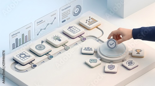 Operational excellence and milestone achievement depicted by a hand finalizing a strategic corporate workflow dashboard