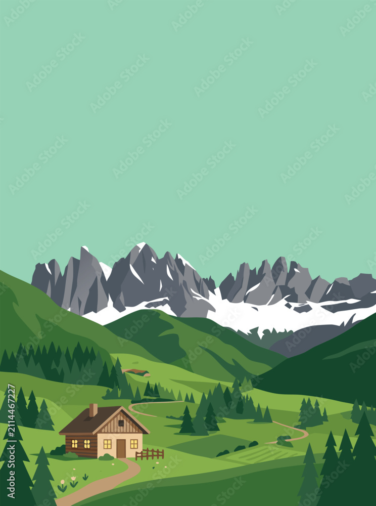 Obraz premium Flat Vector Illustration of a Cozy Cabin in Scenic Mountain Valley Landscape