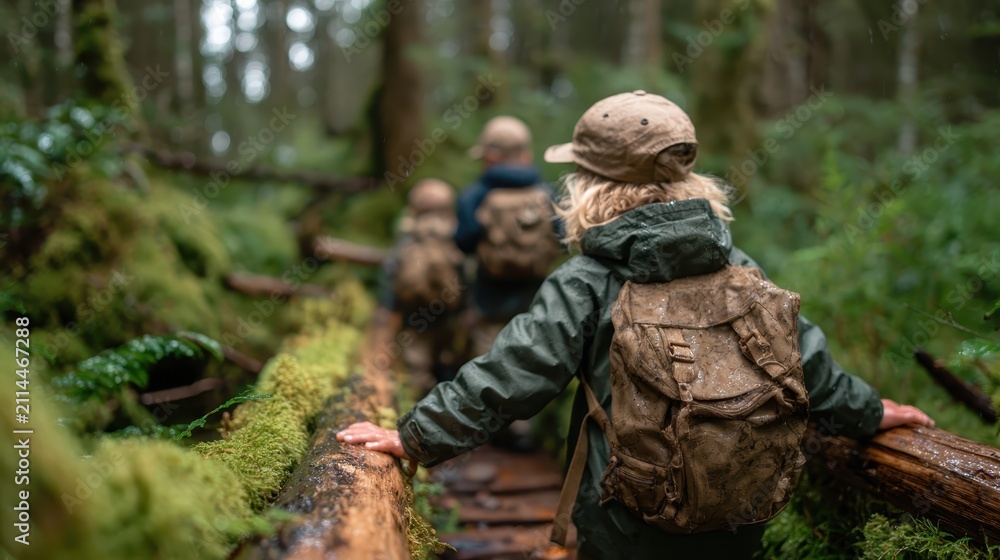 Fototapeta premium A captivating image of adventurous children hiking through a lush green forest path, showcasing the joy of exploration and connection with nature amidst serene surroundings.