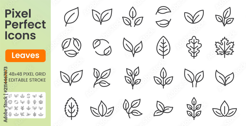 Obraz premium Leaves line icon set. Maple, oak leaf, eco symbol, vegetarian pictogram, organic food, green environment linear minimal vector illustration. Simple outline signs. 48x48 Pixel Perfect. Editable Stroke