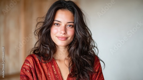 A warm and inviting portrait of a happy young woman with beautiful long hair smiling in a cozy indoor setting, radiating joy and comfort in her stylish attire.