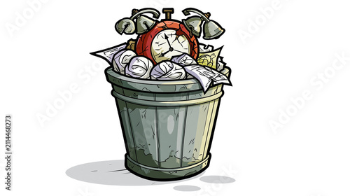 Bild auf Leinwand Trash can overflowing with crumpled papers and broken alarm clock