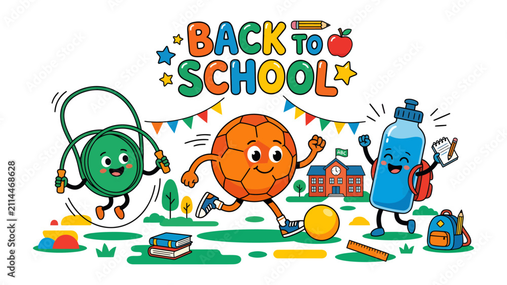 Fototapeta premium Back To School Fun: A vibrant illustration depicts anthropomorphic school supplies, including a jump rope, soccer ball, and water bottle.