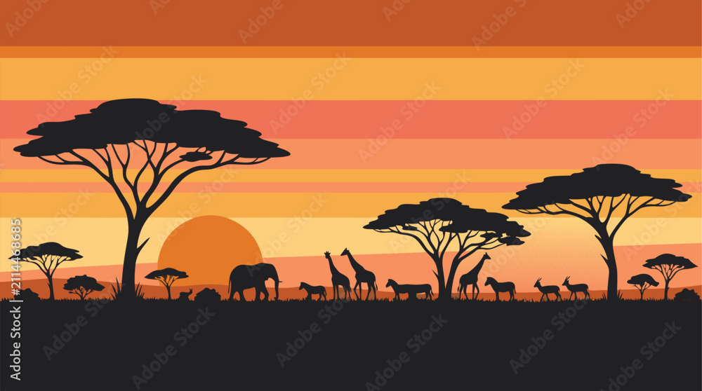 Obraz premium African Wildlife Walking at Sunset Pixel Art Landscape Illustration Silhouette View