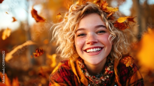 A vibrant young woman with curly hair joyfully plays in a shower of colorful autumn leaves, epitomizing the beauty and spirit of the fall season.