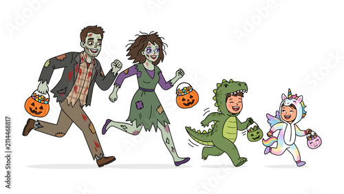 Canvastavla Halloween Family Fun: A family dressed as zombies, dinosaur, and unicorn happily runs around collecting candies on Halloween, embodying the playful spirit of the spooky holiday