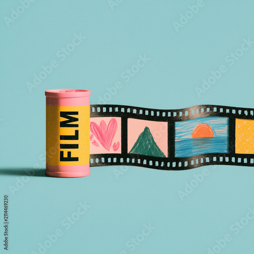 Minimalist illustration of a vintage 35mm film canister with colorful illustrated frames extending from the film strip. Ideal for web, flyer, blog, photography, creativity, and retro design.