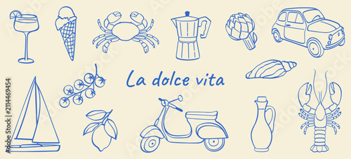 Hand drawn Mediterranean composition with Italian themed illustrations and La dolce vita lettering. Vector design for posters, cards, menus and decorative projects.