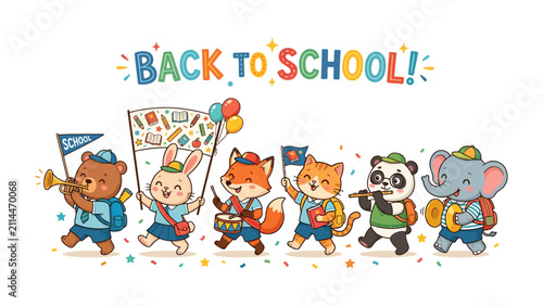 Fotografie Back To School Parade: A delightful procession of anthropomorphic animal characters, including a bear, rabbit, fox, cat, panda, and elephant, marches enthusiastically