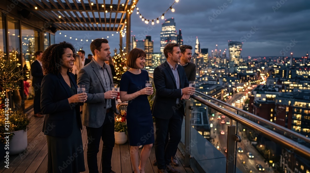 Obraz premium Group of mixed gender professionals socializing and toasting on rooftop terrace with city skyline at dusk; evening urban networking event with relaxed festive mood