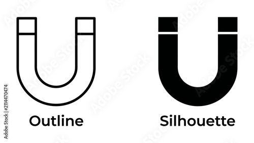 Fotografía Horseshoe Magnet: Two horseshoe magnet icons, one in outline and the other as a solid silhouette, visually represent the concept of attraction and magnetism