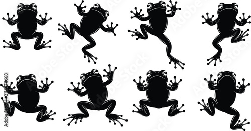 Fotografía Black frog silhouette collection with amphibian icons in various poses for natur