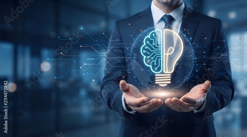 Businessman holding glowing light bulb with brain inside and digital network