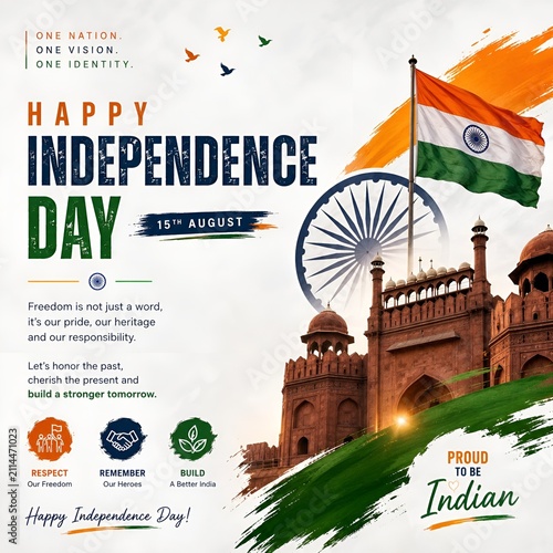 Happy independence day india greeting banner featuring indian national flag and historic red fort independence national patriotism celebration