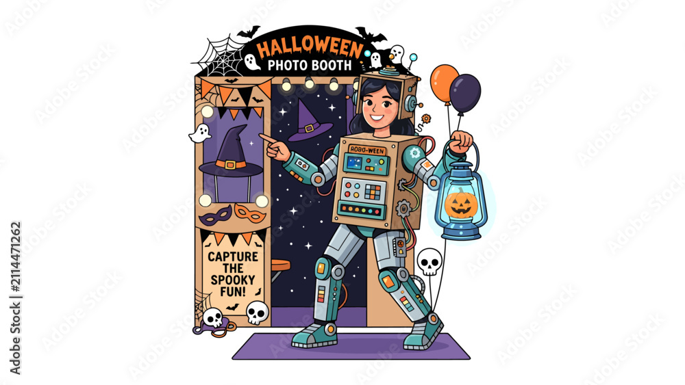 Fototapeta premium Halloween robot costume in photo booth: A person dressed as a robot for Halloween poses in a festive photo booth, holding a lantern and balloons. The booth is decorated with spooky Halloween themes.