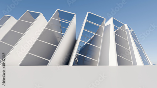 Foto 3D render of modern white inclined glass building facades with geometric frames