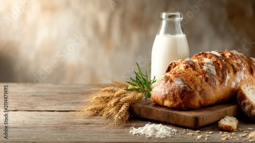 A rustic composition features freshly baked bread and a jar of milk on a wooden table, symbolizing comfort and homeliness in a warm, inviting kitchen environment.