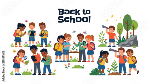 Konstfotografi Back to School Adventure: Children embark on exciting educational journeys, exploring nature with magnifying glasses, cameras, and binoculars, fostering a love for learning and discovery
