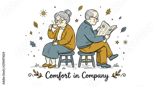 Canvastavla Comfort in Companionship: An elderly couple finds contentment in each other's quiet presence, sharing a moment of peace with coffee and a newspaper amidst autumn leaves