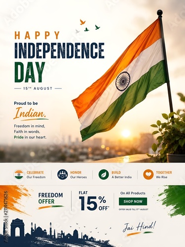 Happy independence day celebration greeting with indian flag and cityscape silhouette independence celebration tricolor national patriotism