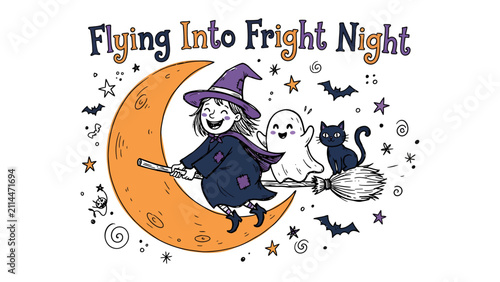 Canvas Print Halloween Theme: A cheerful witch with a pointed hat rides a broomstick across a crescent moon, accompanied by a friendly ghost and a black cat, surrounded by spooky bats and twinkling stars