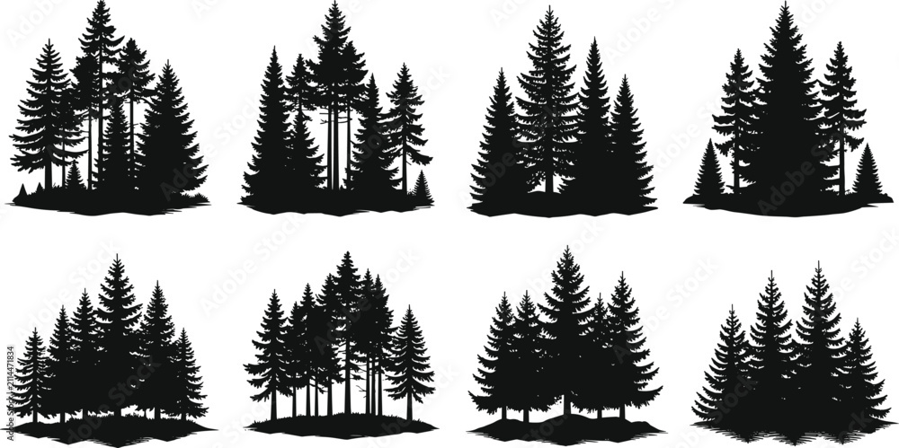 Fototapeta premium Black Pine Forest Silhouette Set Collection of Evergreen Trees Woodland Nature Landscape Icons Isolated on White Background Vector Illustration Design