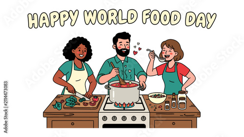 World Food Day Celebration: Three diverse friends joyfully prepare a delicious meal together, celebrating World Food Day with smiles and shared culinary passion.