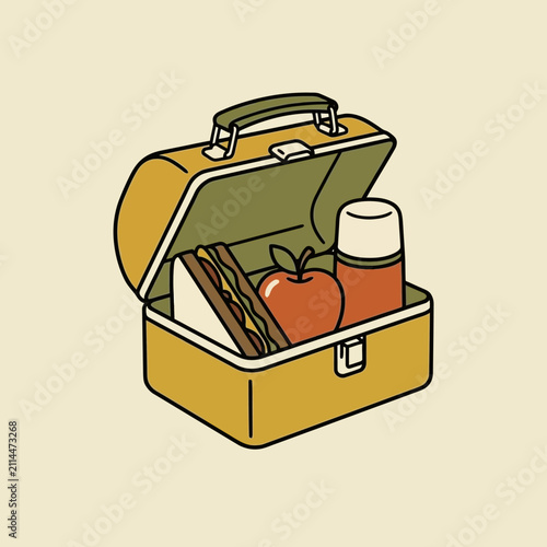 Lunchbox with sandwich apple and thermos.