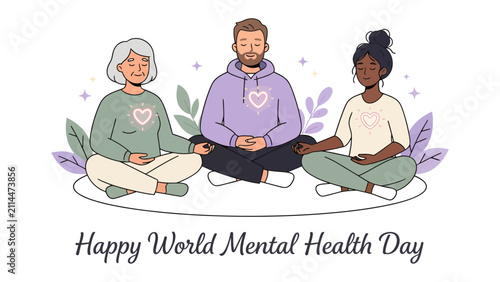 Фотография Diverse Individuals Meditating for Mental Wellness: Three people from different walks of life, an older woman, a man, and a woman of color, sit in a meditative pose, radiating peace and well-being