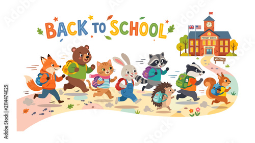 Back To School Animals Illustration: A charming illustration depicts a group of anthropomorphic animals, including a fox, bear, cat, rabbit, raccoon, badger, and squirrel.