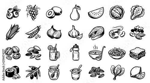 Bild auf Leinwand Black chalk style healthy food vector icons collection with nutritious meals fru