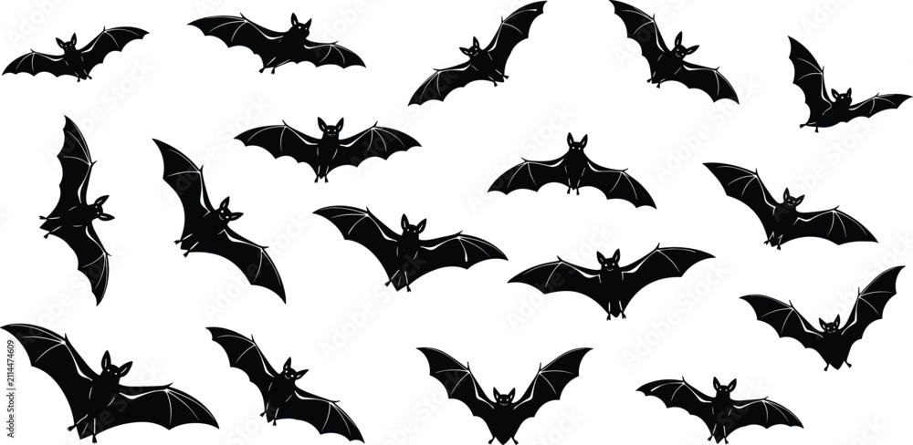 Fototapeta premium Black silhouette flying bats set with vampire bat icons and scary halloween animals collection for spooky night party decoration design elements