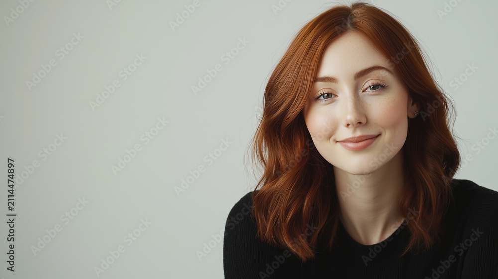 Fototapeta premium Cheerful red haired woman on white background.