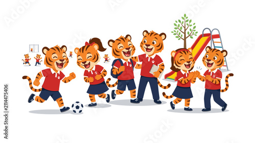 Konstfotografi Tiger Cubs Go to School: A group of cheerful tiger cubs, dressed in school uniforms, engage in various activities on the playground, including playing soccer and sliding down a colorful slide